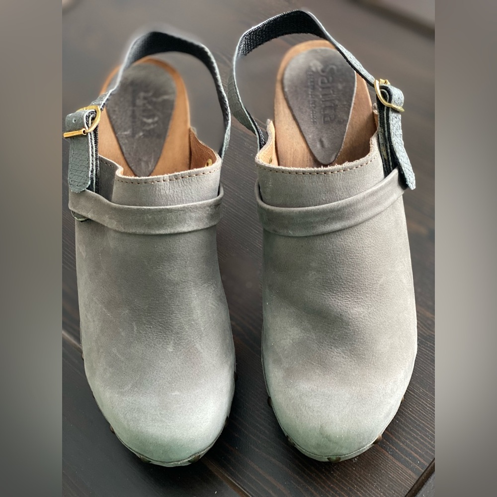 Sanita high studded heeled leather slip on clogs grey size 38 - (modified)+strap